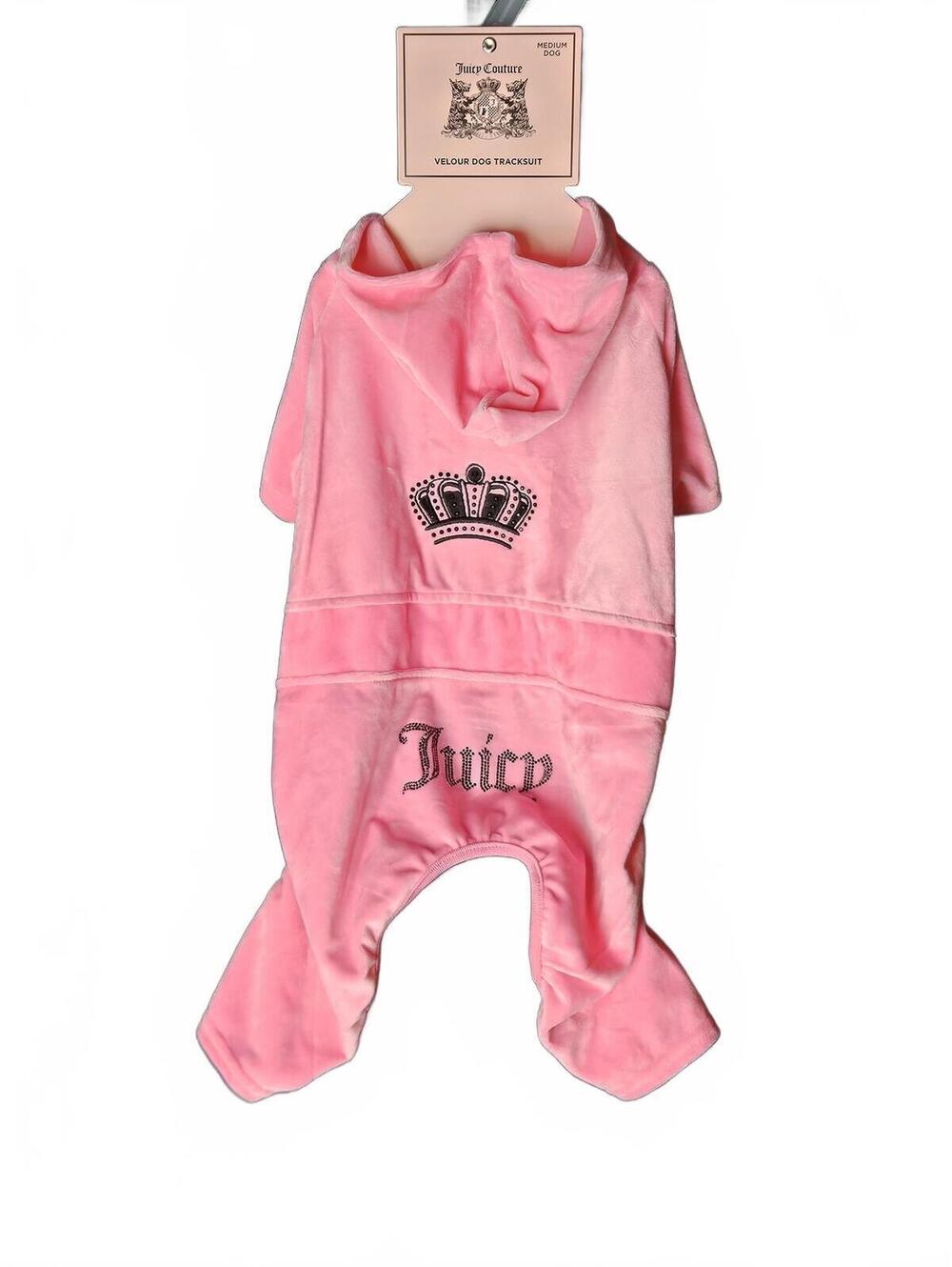 Juicy Couture Pink Velour Rhinestone Dog Tracksuit Hoodie Size Medium NWT